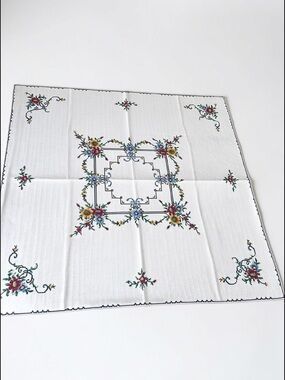 Vintage Embroidered Tablecloth Floral Cross Stitch Cottagecore
